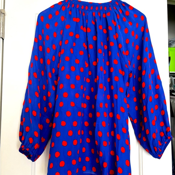 Real Silk cobalt blue and red polka dot button gathered neck loose blouse - Picture 2 of 4